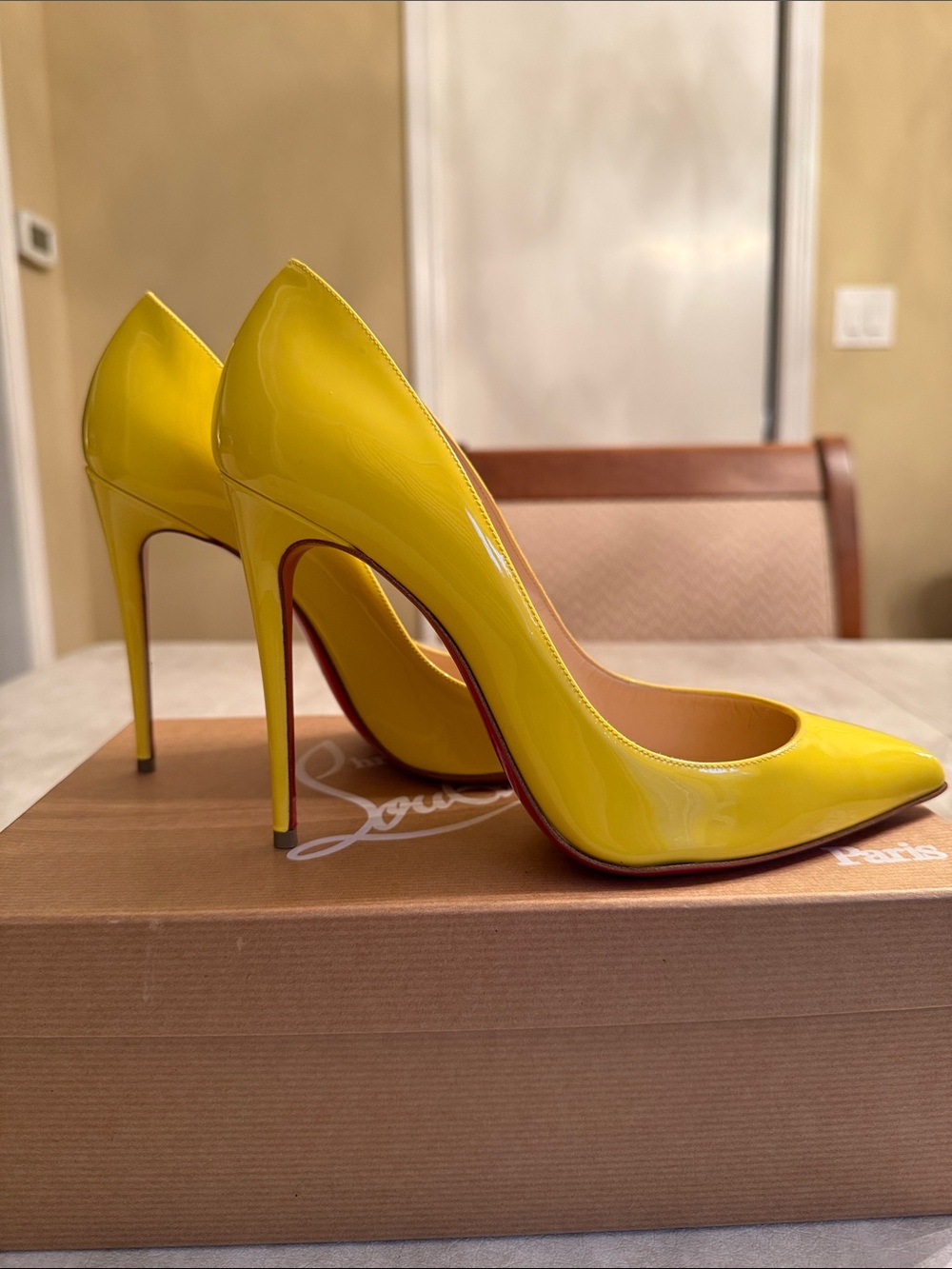 Christian Louboutin Yellow Patent Pointed-Toe Stiletto Pumps - Picture 3 of 10